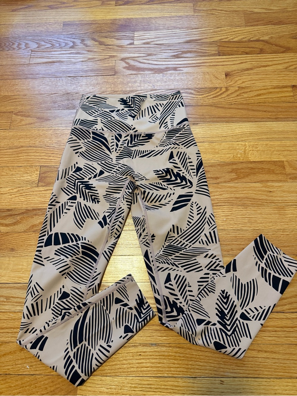 aerie Beige Leggings with Black Leaf Print